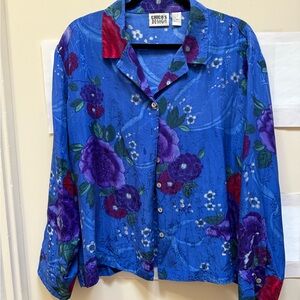 Chico's Size 3 Blue Silk Blouse with Purple & Red Floral Designs.